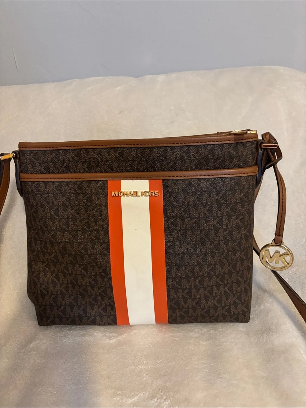 Michael Kors Brown Crossbody with Orange and White Center Stripe